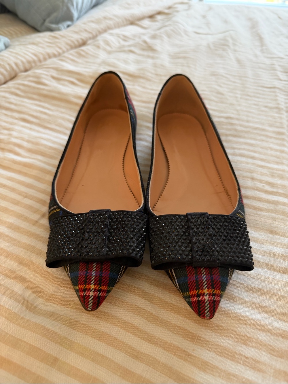 Plaid Pointed Toe Women's Flats with Black Embellished Bow